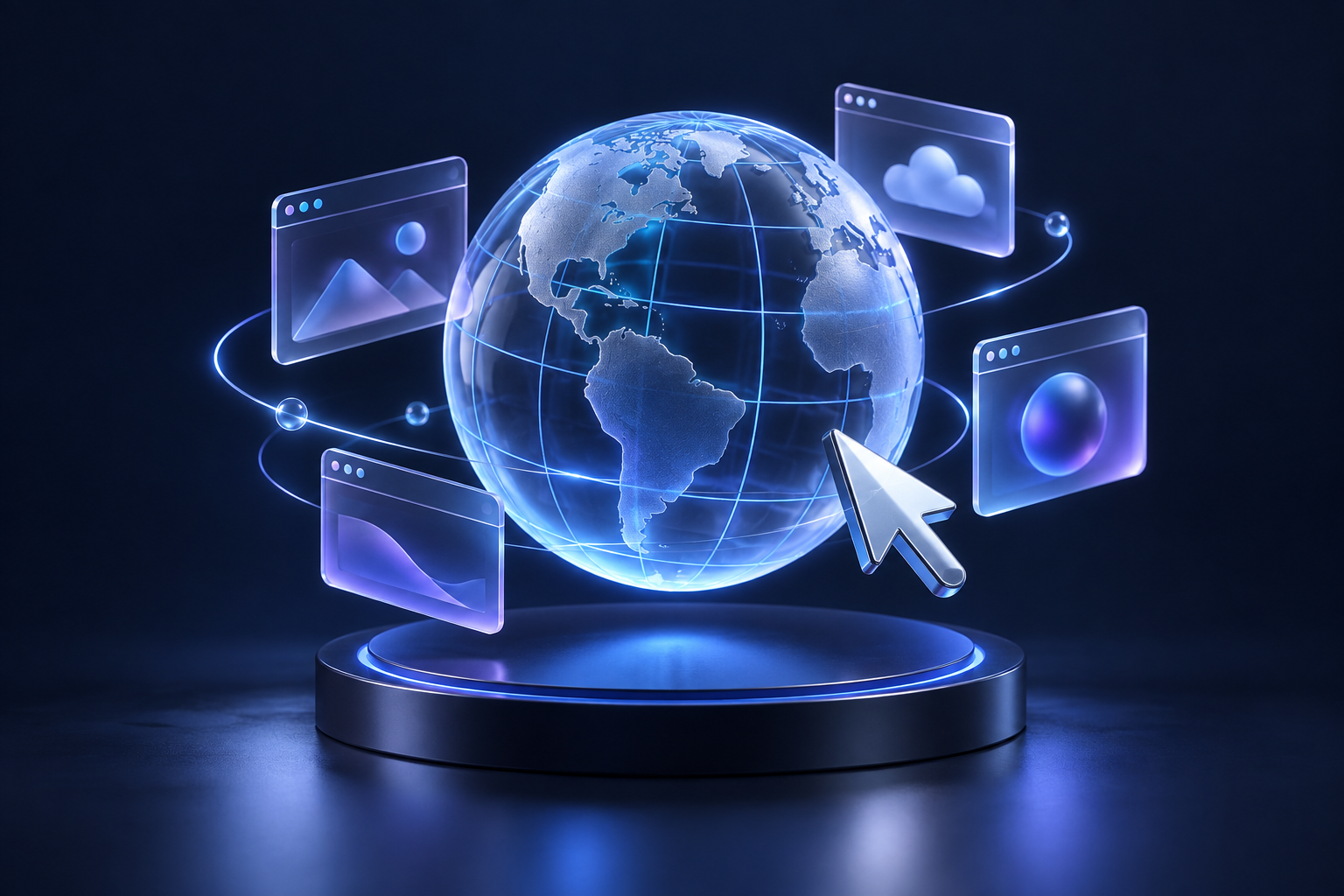 Glass globe and browser windows illustrating a connected website