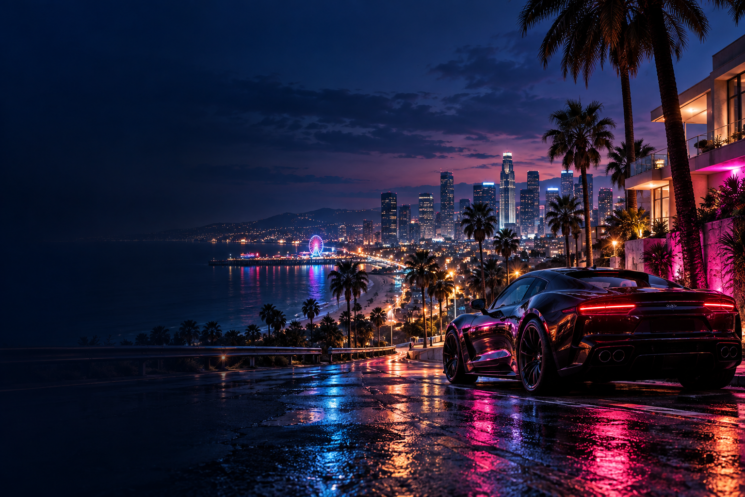 Cinematic illustration of a neon city street, sports car, and palm-lined skyline